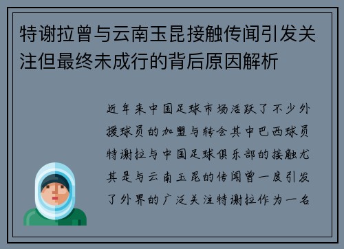 特谢拉曾与云南玉昆接触传闻引发关注但最终未成行的背后原因解析